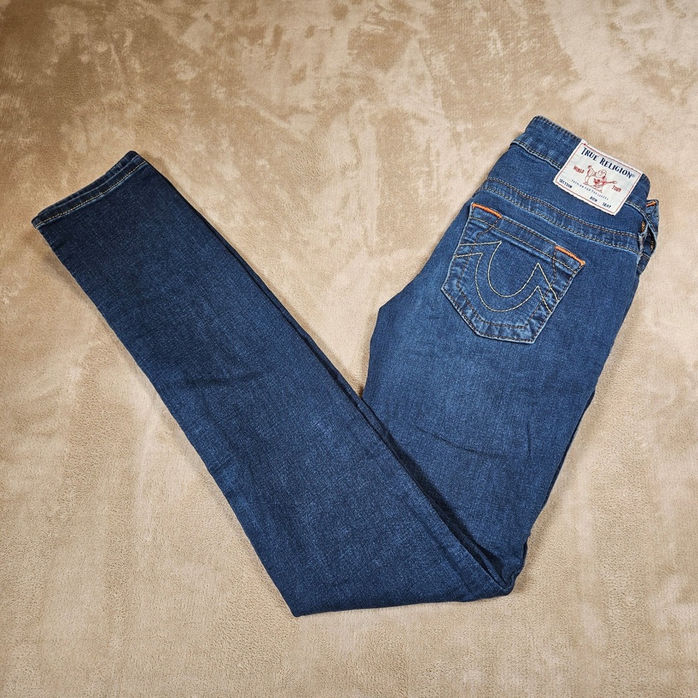 Vtg True Religion Stella Low Rise Skinny Jeans Dark Wash Orange Stitch Size 25